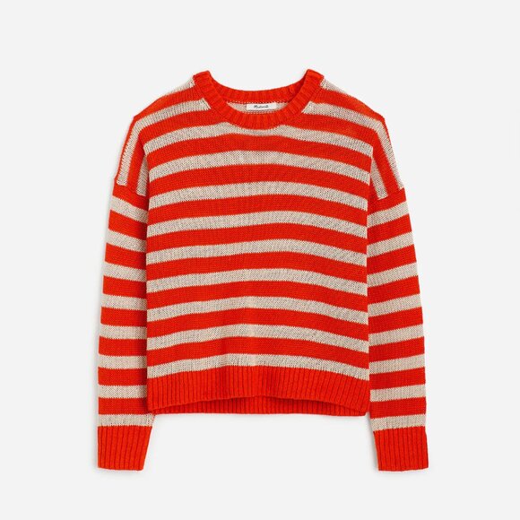 Madewell Linen Drop Shoulder Sweater Bright Flame Stripe Women’s Size XXS NWT - Picture 5 of 7